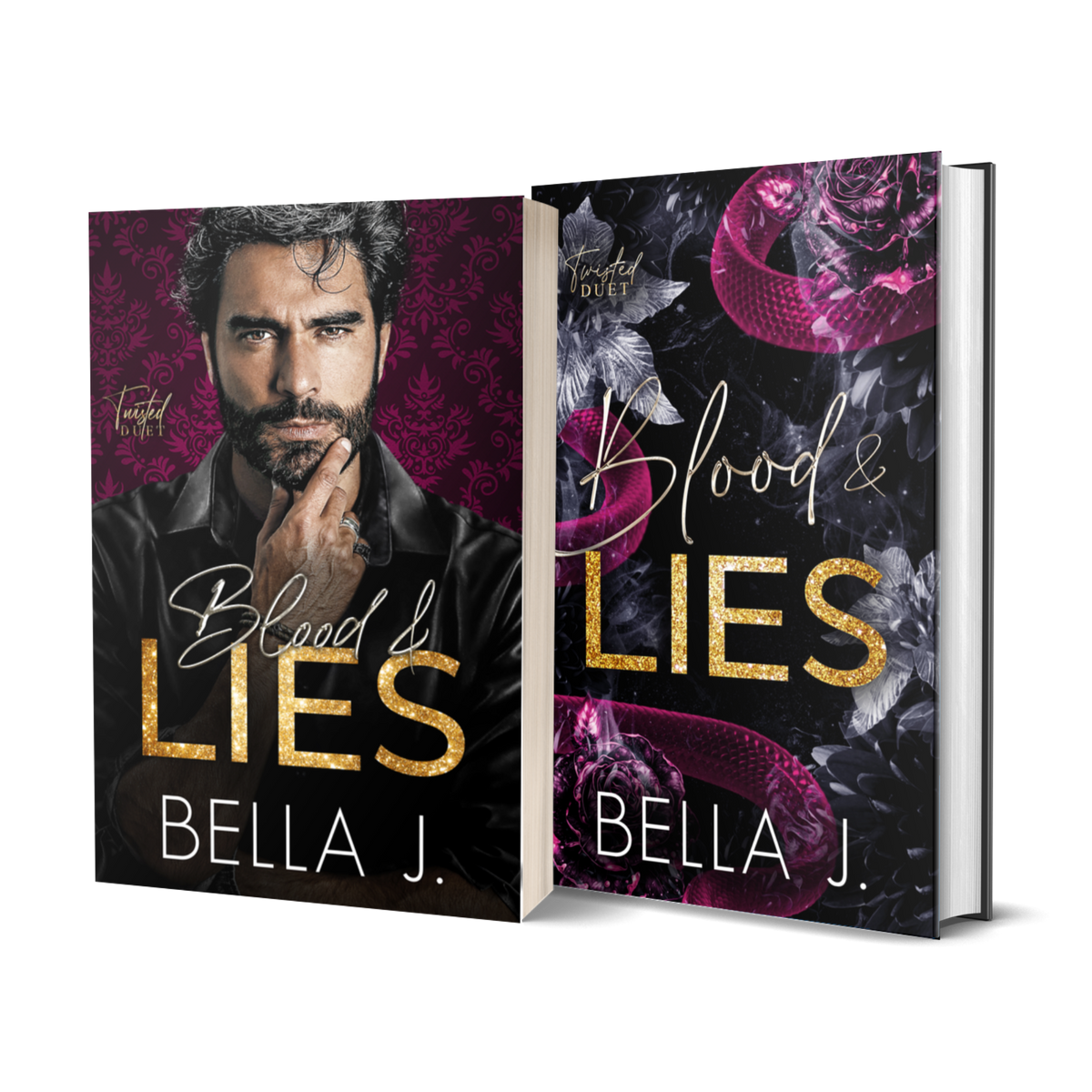 Blood and Lies by Bella J. signed paperback model cover and discreet hardback side by side