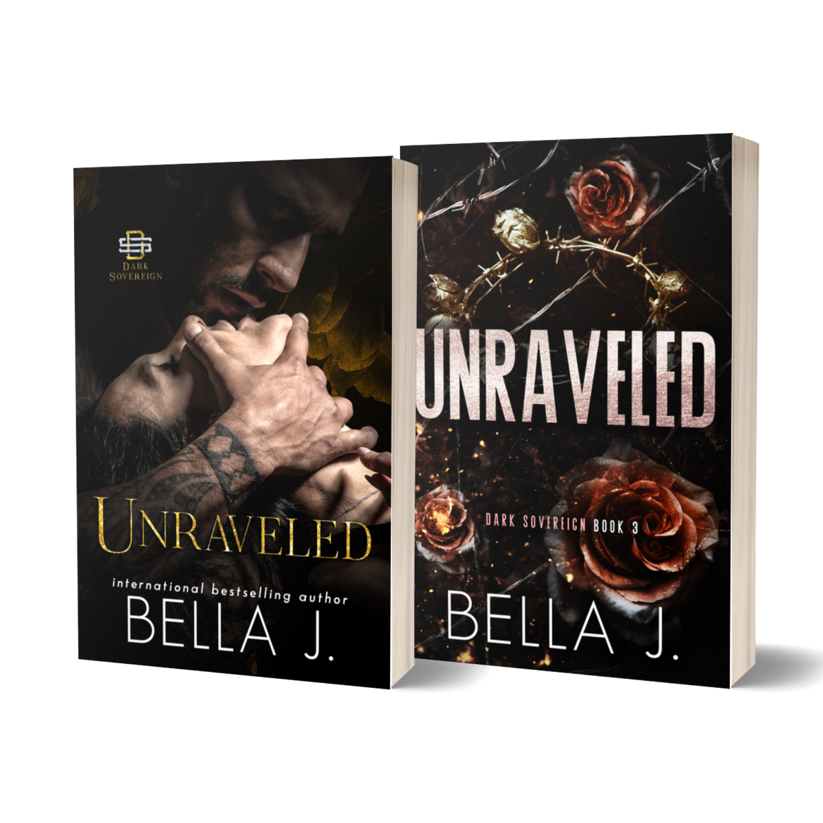 Unraveled by Bella J. signed paperback, model cover and discreet cover side by side