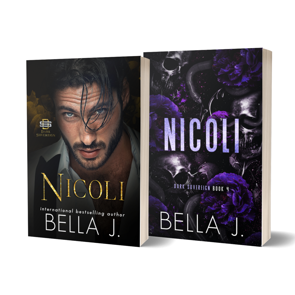 Nicoli by Bella J. signed paperback, model cover and discreet cover side by side