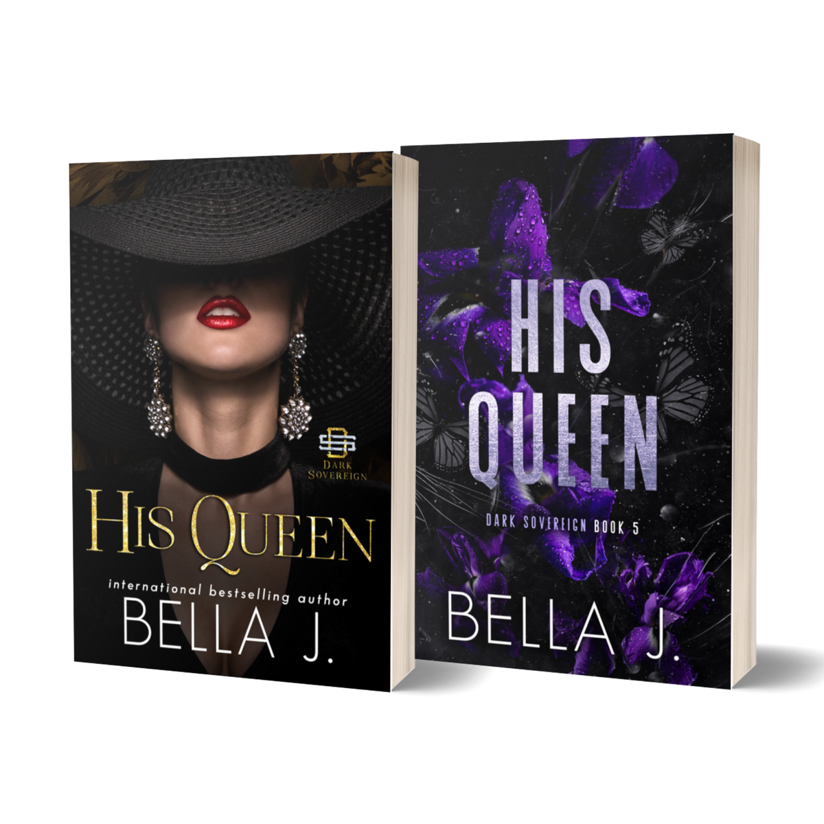 His Queen by Bella J. signed paperback, model cover and discreet cover side by side