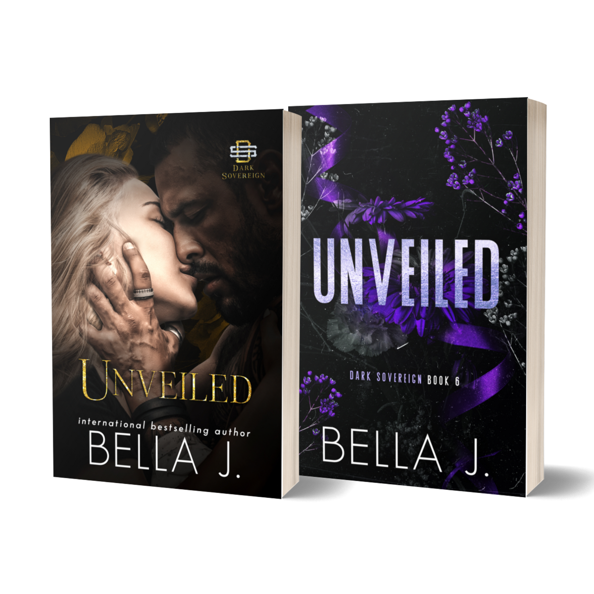 Unveiled by Bella J. signed paperback, model cover and discreet cover side by side