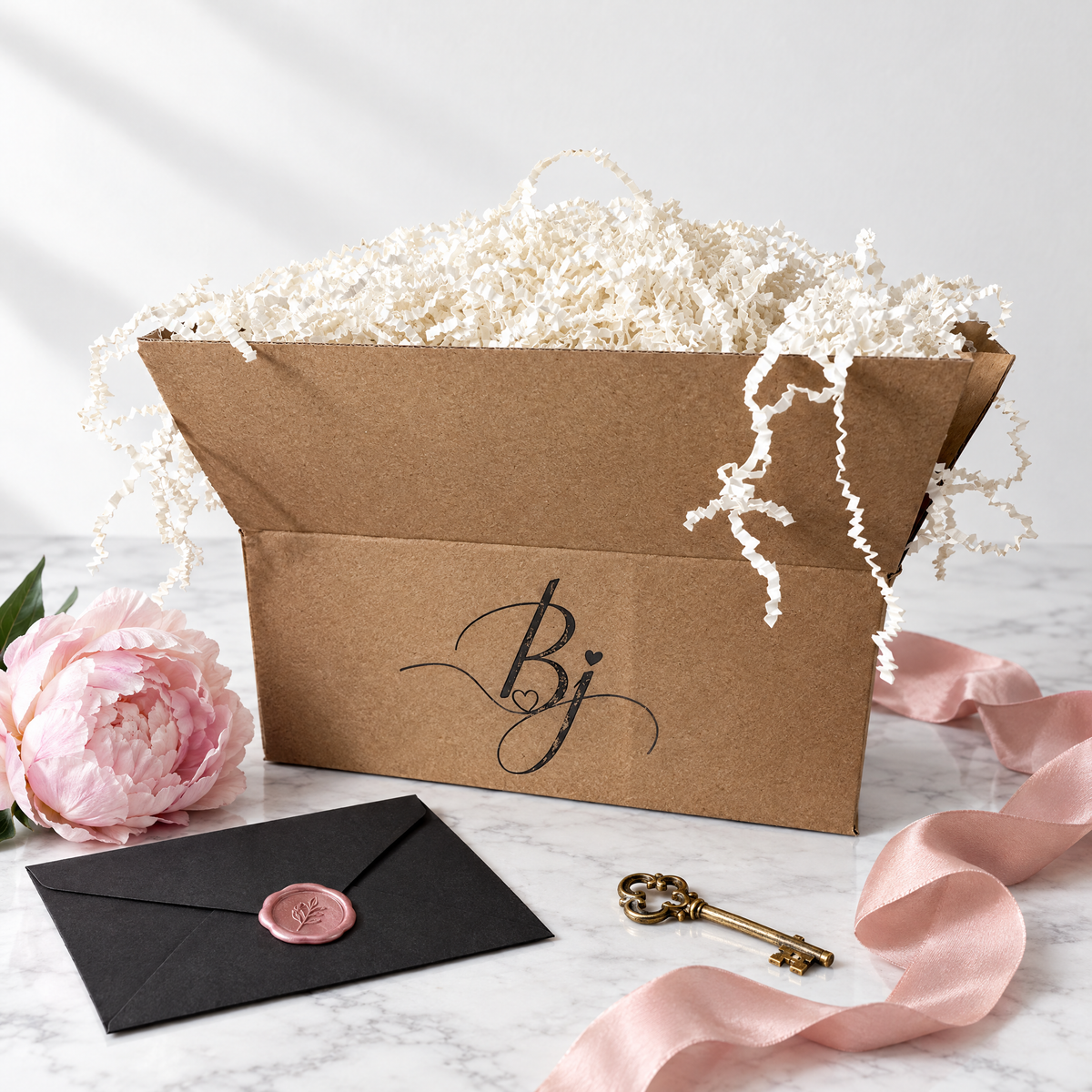 Bella J. Mystery Box, kraft gift box with Bj logo, wax-sealed envelope and gold key