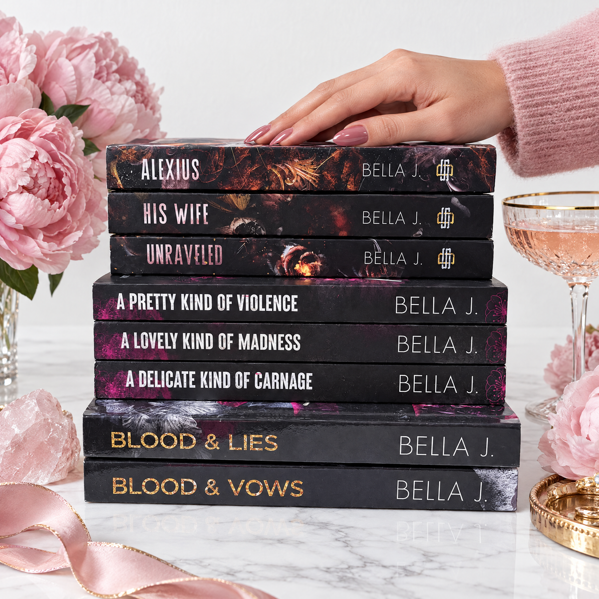 Bella J. Bestseller Collection, stack of eight signed dark romance books including Alexius and the Pretty Savage trilogy