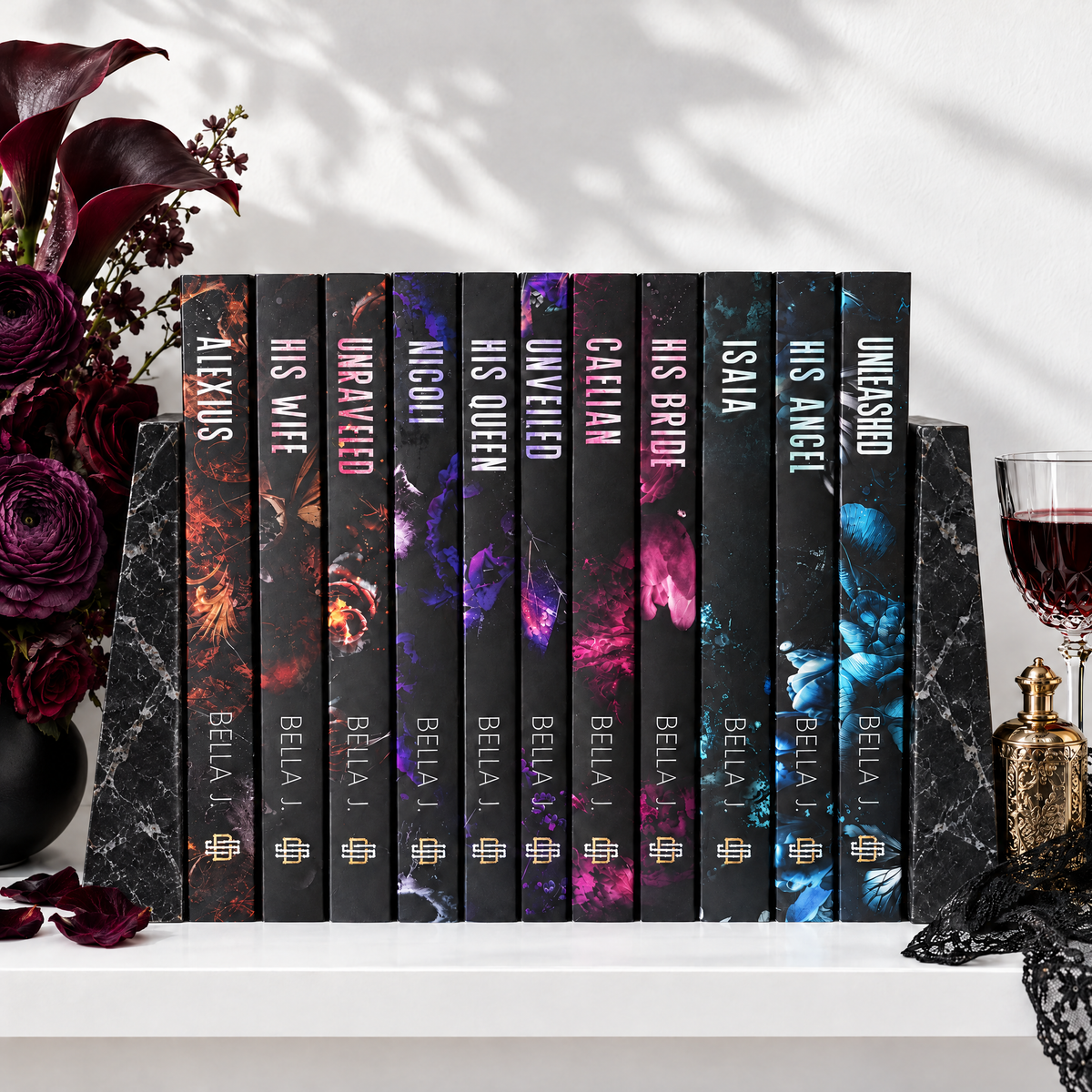 Complete Dark Sovereign series by Bella J., all 11 signed paperbacks with discreet covers on a shelf