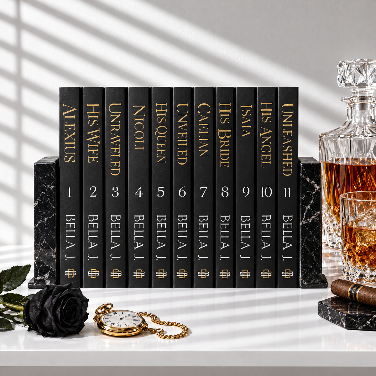 Complete Dark Sovereign series by Bella J., all 11 signed paperbacks with model covers on a shelf